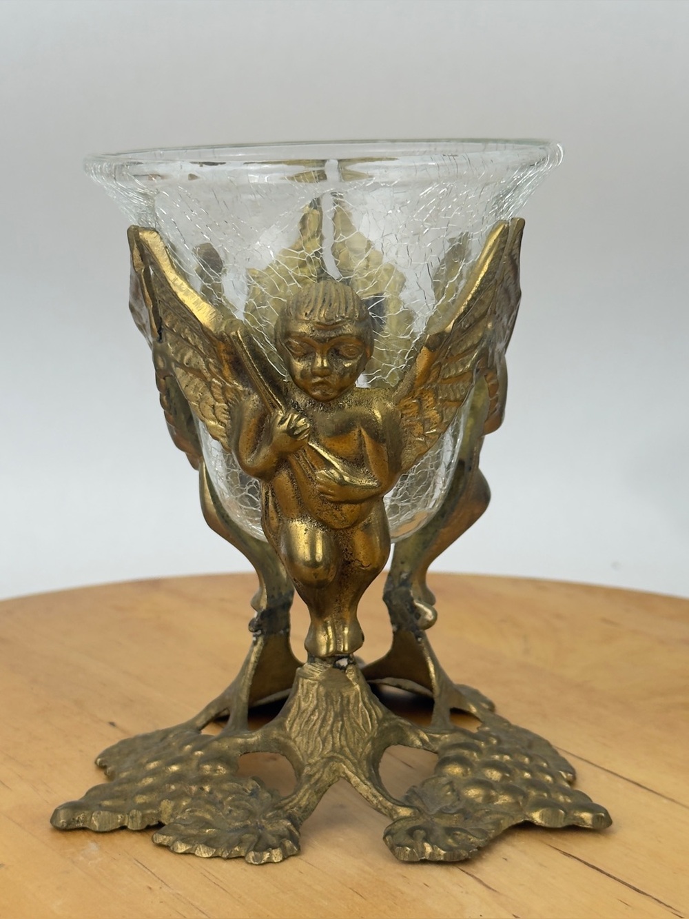 Vintage Cherub Brass Crackle Glass Bowl Potpourri Candle Holder with Grapes Base